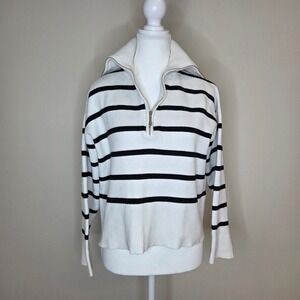 Cynthia Rowly Womens‎ Striped Quarter Zip Sweater Ivory Black M